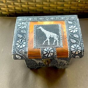 Vintage Giraffe Ornate Metal Wood Jewelry Box